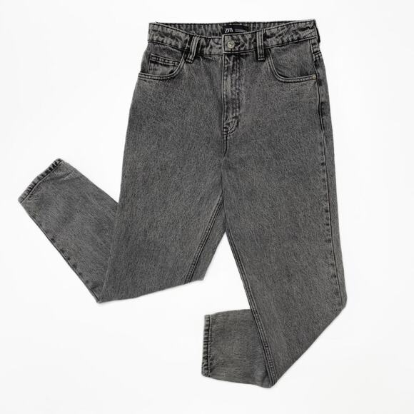 Zara Grey Acid Wash High Rise Distressed Denim Boyfriend Mom Jeans 4 - Picture 3 of 14